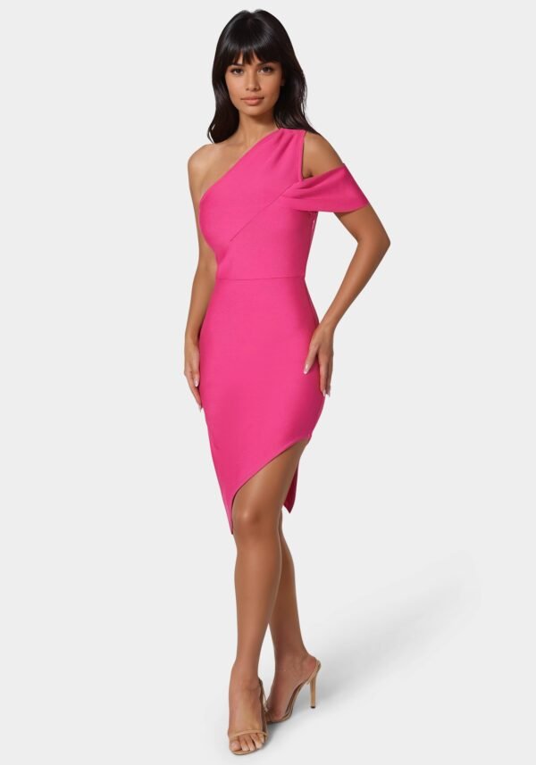 bebe1357_fuschia_1_96fc23df-d5d1-4cee-99ed-fb396ab5517d Asymmetrical High Slit Bandage Midi Dress