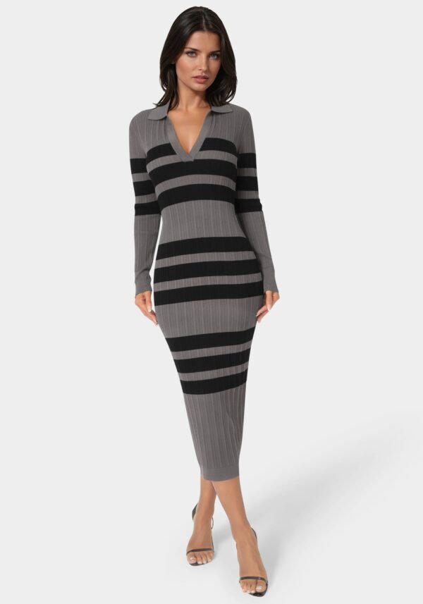 bebe1603_charcoal-black_1_0d35b941-4620-4406-ac3e-72fa24eb5d69 Long Sleeve Collared Striped Knit Dress