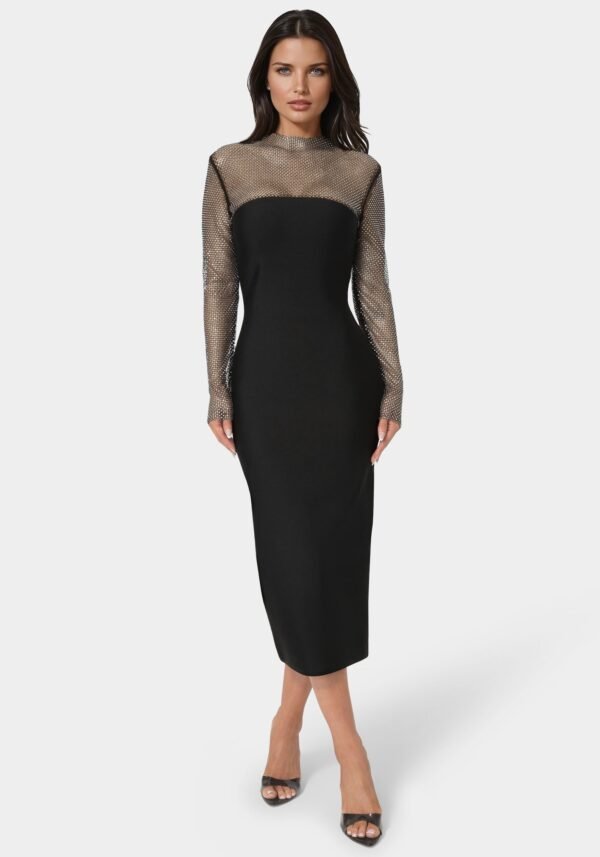 bebe2101_black_1_f91e008c-7059-4737-b544-ce3faba67370 Long Sleeve Bandage Midi Dress with Crystal Mesh Combo