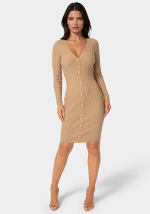 bebe2110_camel_1_80f9c61f-9e57-4285-97e0-ddc5b0b6041c V-Neck Cardigan Midi Dress