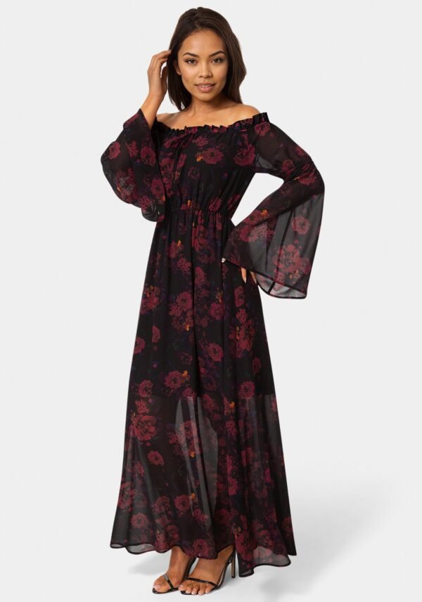 bebe2151_dark-red_2_5c199f6e-72b6-41b0-97d3-dc3a01e46d86 Off the Shoulder Bell Sleeve Maxi Dress