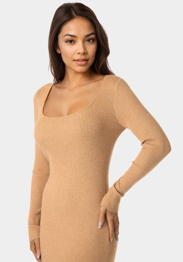 bebe2162_camel_4_9b6b0643-0a73-4615-9a13-85076229bd9a Long Sleeve Scoop Neck Sweater Midi Dress