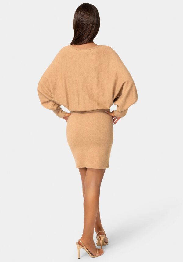 bebe2164_camel_3_37625743-22fc-4d0f-bf28-c95cd6207566 Scoop Neck Blouson Sweater Midi Dress
