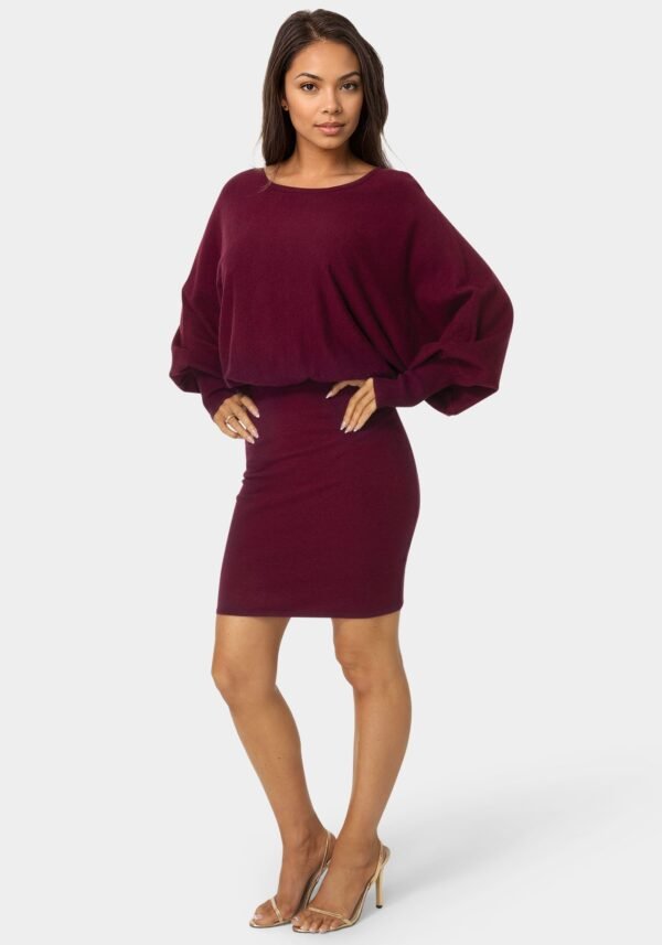 bebe2164_wine_2_5db2bd9a-ab24-4b31-a4ce-c4cfe1b241c5 Scoop Neck Blouson Sweater Midi Dress