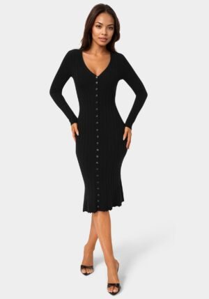 bebe2165_black_1_6bcd2ed0-6686-4be5-94ad-ffbd3fe85043 Button Front V-Neck Sweater Midi Dress