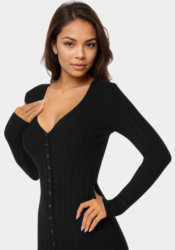 bebe2165_black_4_4a06d662-9445-4d0b-9693-1db77b590cbb Button Front V-Neck Sweater Midi Dress