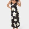 Printed Satin V-Neck Maxi Dress
